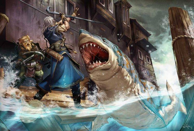warrior artwork shark water fantasy art fish pathfinder HD Wallpaper Desktop Background