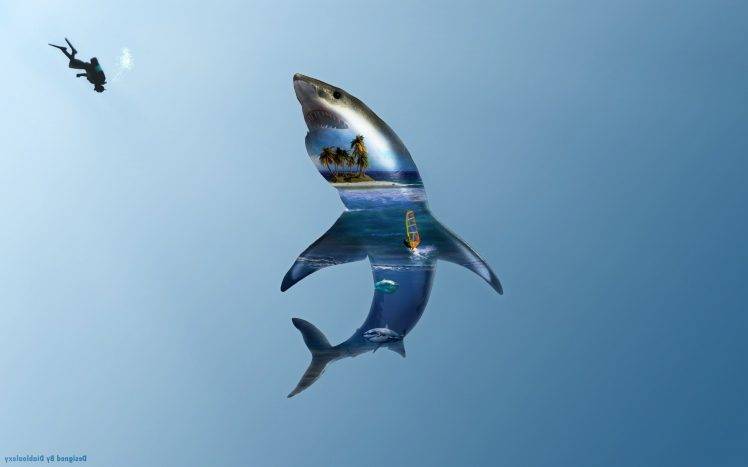 diabloalexy shark atlantic ocean underwater double exposure photo manipulation HD Wallpaper Desktop Background