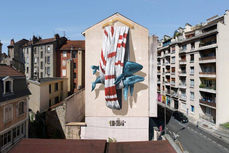 building house city cityscape grenoble france urban graffiti mural street street art animals whale rooftops HD Wallpaper Desktop Background