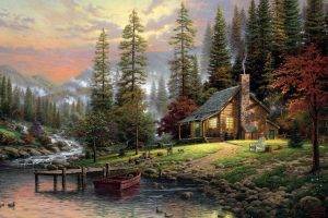 thomas kinkade nature landscape painting artwork trees forest clouds house mountains sunset river boat pier dog mist stones cabin