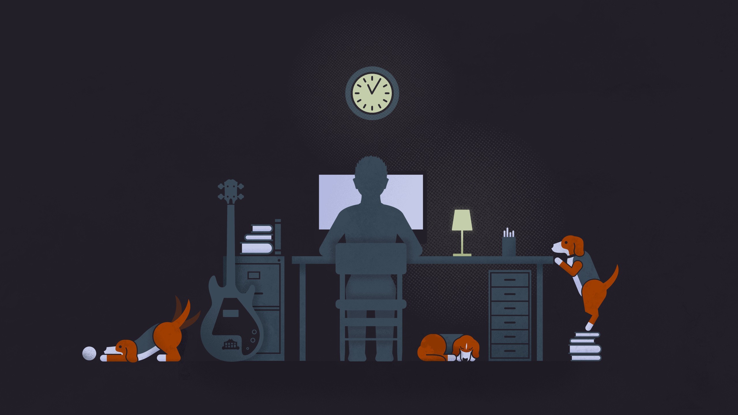 minimalism desk computer night dog guitar Wallpaper