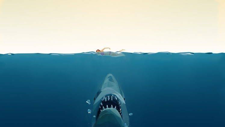 jaws swimming water split view shark HD Wallpaper Desktop Background