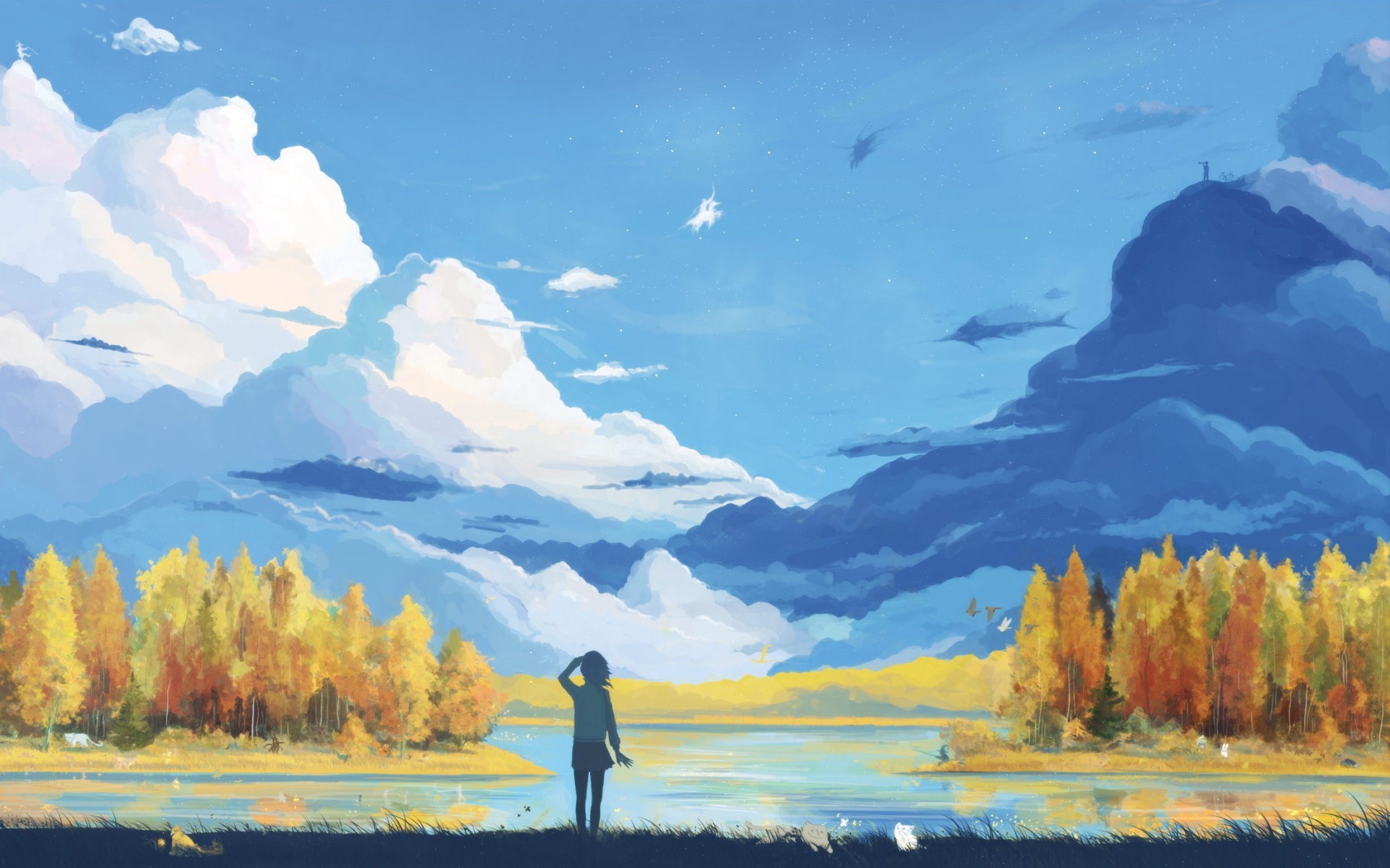 landscape, Clouds, Mountains, Anime, Forest, Artwork, Fantasy art, Sky Wall...
