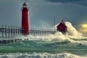 lighthouse, Sea, Storm