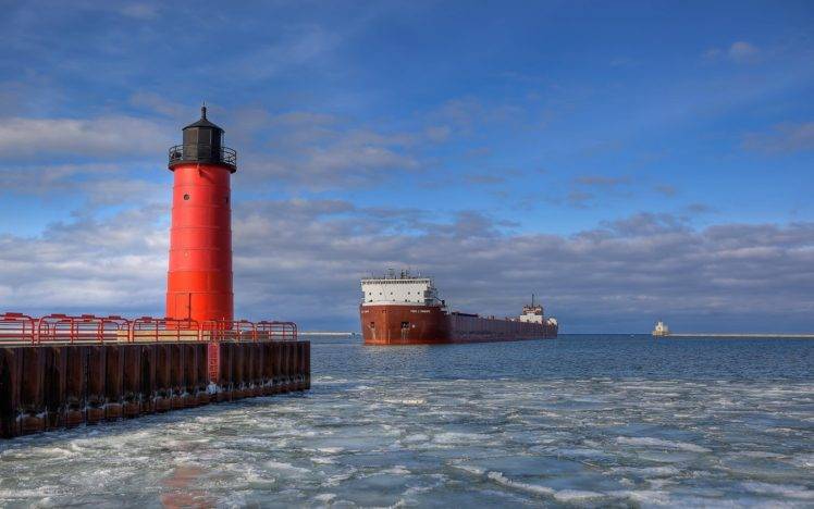 oil tanker, Ice, Lighthouse, Sea HD Wallpaper Desktop Background