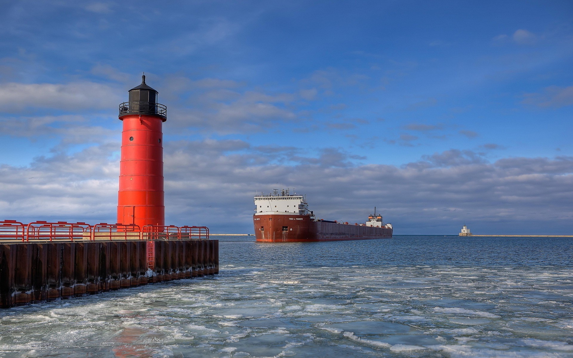 oil tanker, Ice, Lighthouse, Sea Wallpaper