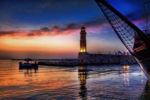 ship, Sunset, Reflection, Lighthouse
