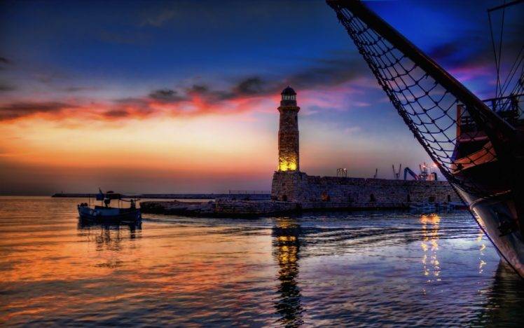 ship, Sunset, Reflection, Lighthouse HD Wallpaper Desktop Background