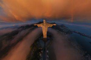 Christ the Redeemer, Rio de Janeiro, Brazil, Statue, Clouds, Aerial view