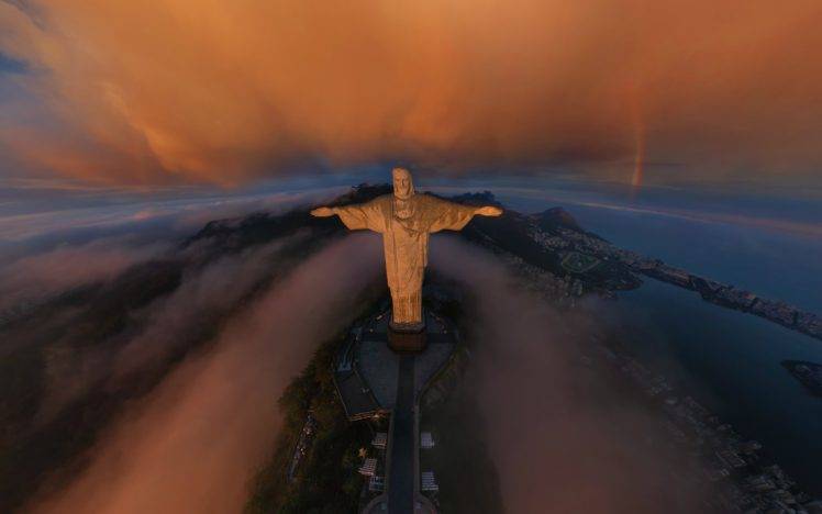 Christ the Redeemer, Rio de Janeiro, Brazil, Statue, Clouds, Aerial view HD Wallpaper Desktop Background
