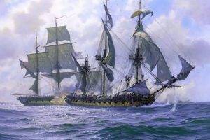 rigging (ship), Ocean battle, Cannons, Sea, Painting