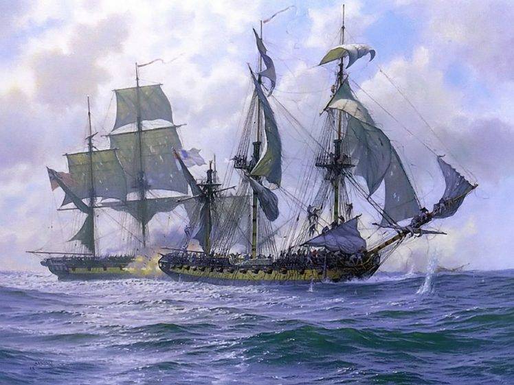 rigging (ship), Ocean battle, Cannons, Sea, Painting HD Wallpaper Desktop Background