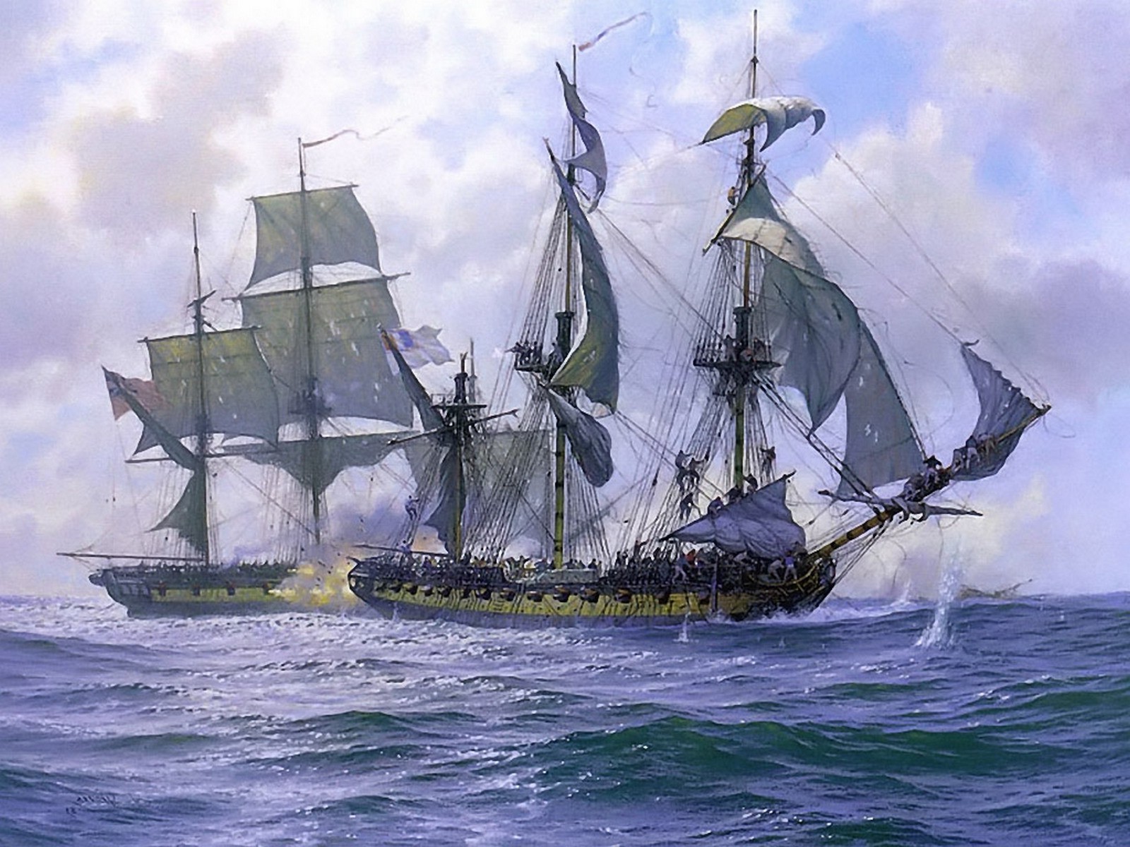 rigging (ship), Ocean battle, Cannons, Sea, Painting Wallpaper