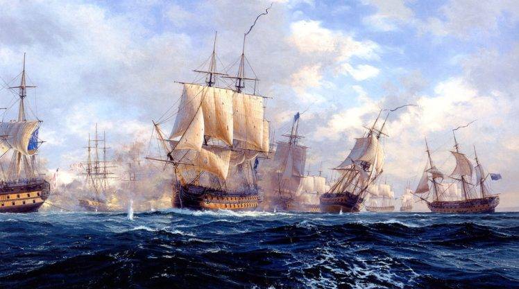 ocean battle, Sailing ship, Sea HD Wallpaper Desktop Background