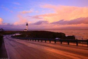 lighthouse, Road, Sea