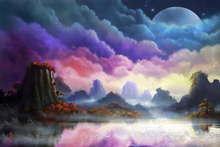 Moon, Landscape, Painting Wallpapers HD
