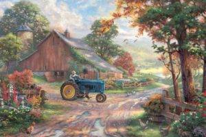 Thomas Kinkade, Painting, Farm, Barns, Chickens, Tractors, Flowers, Dirt road