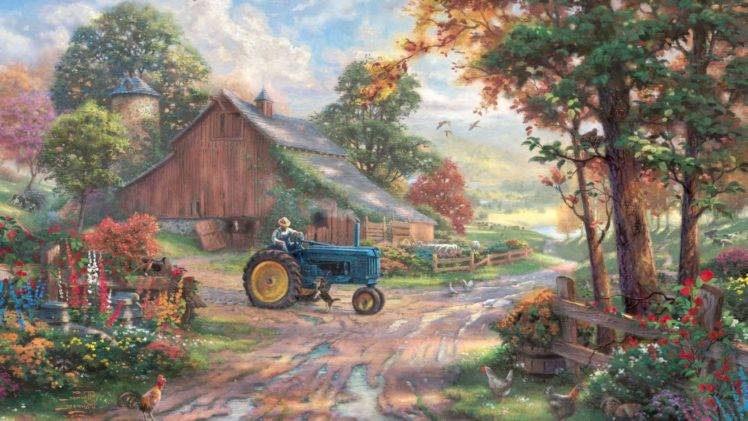 Thomas Kinkade, Painting, Farm, Barns, Chickens, Tractors, Flowers, Dirt road HD Wallpaper Desktop Background