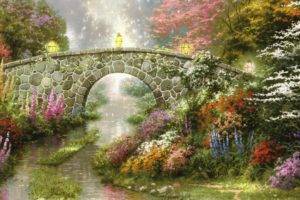 Thomas Kinkade, Painting, Bridge, Flowers, Stream, Lantern
