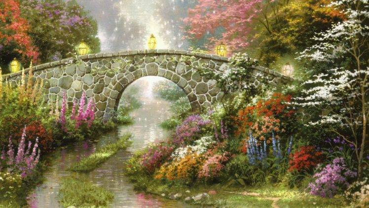Thomas Kinkade, Painting, Bridge, Flowers, Stream, Lantern HD Wallpaper Desktop Background