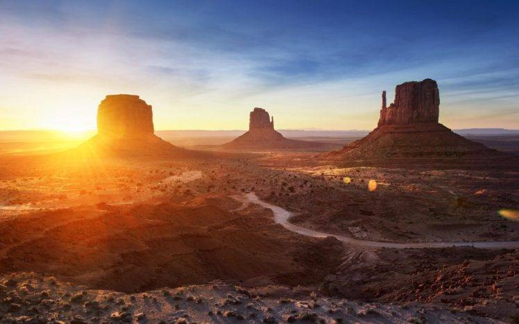 Monument Valley, Landscape, Desert, Sunlight, Rock formation, Dirt road HD Wallpaper Desktop Background