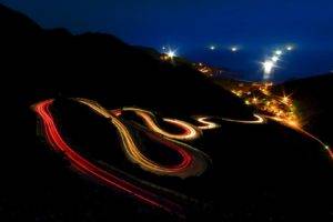 road, Long exposure, Hairpin turns, Light trails, Night, Nature, Landscape, Lights
