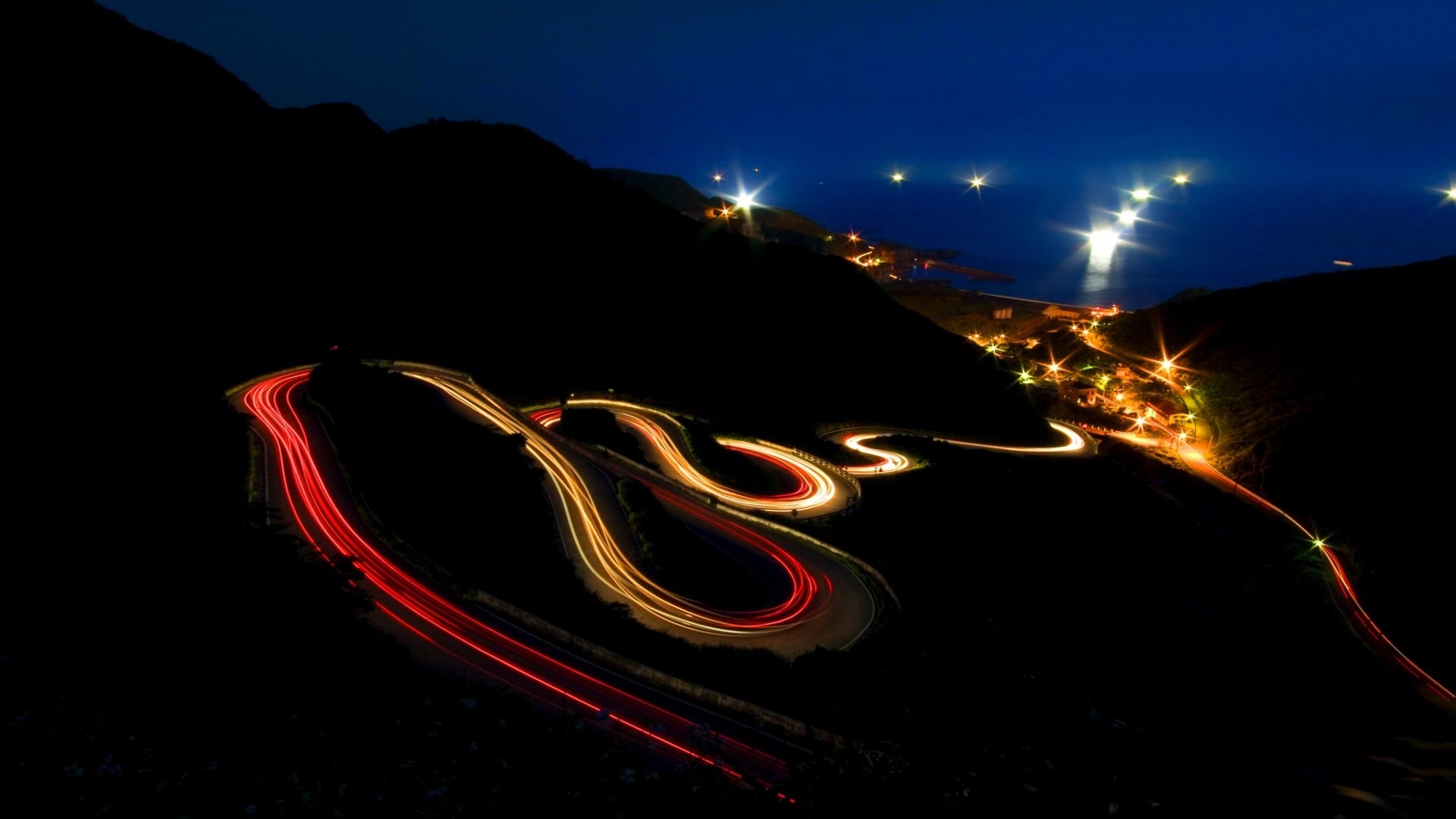 road, Long exposure, Hairpin turns, Light trails, Night, Nature, Landscape, Lights Wallpaper