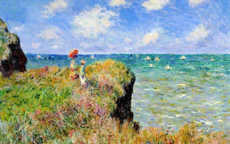 Claude Monet, Painting, Sea, Cliff, France, Parasol, Classic art HD Wallpaper Desktop Background