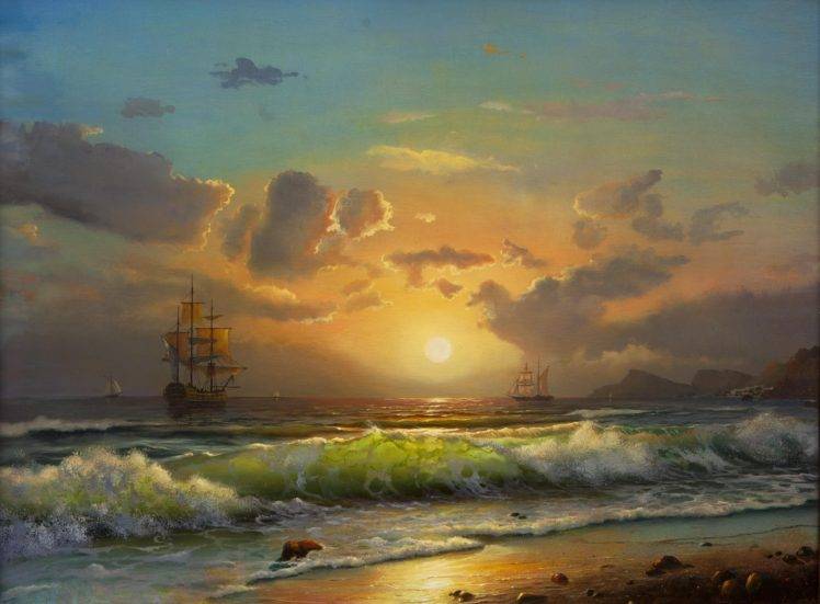ship, Painting, Waves, Sun, Clouds, Beach HD Wallpaper Desktop Background