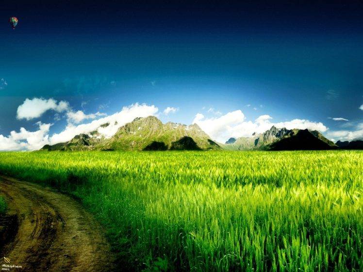 landscape, Grass, Mountains, Green, Blue, Clouds HD Wallpaper Desktop Background