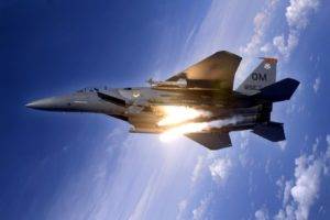 war, Missiles, Airplane, Blue, Clouds, Clear sky, Flares, F 15 Eagle, F 15, Military