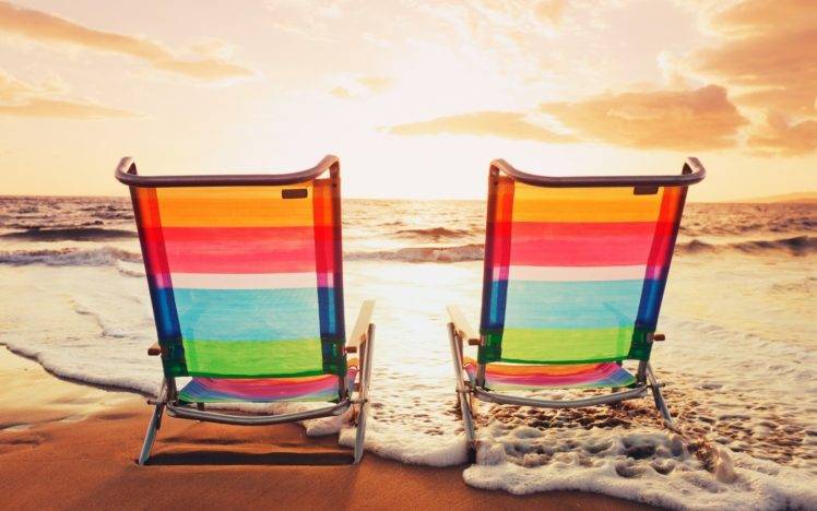 horizon, Beach, Sea, Water, Waves, Sunlight, Colorful, Sunbed, Photography, Summer HD Wallpaper Desktop Background