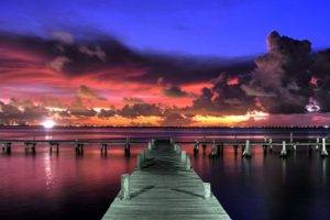 sunset, Dock, Clouds