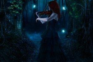 night, Violin, Fairies, Forest
