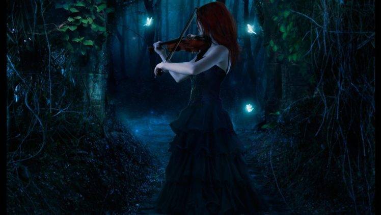 night, Violin, Fairies, Forest HD Wallpaper Desktop Background