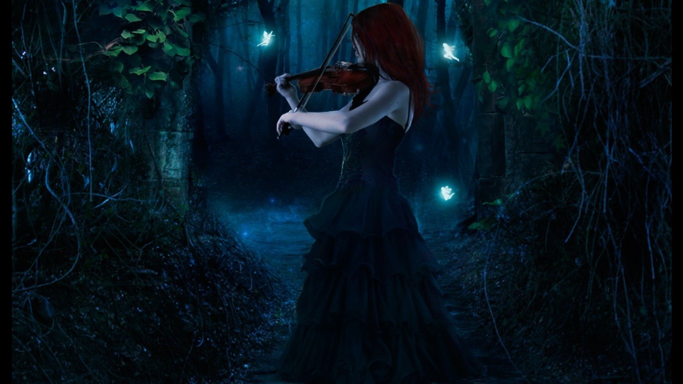 night, Violin, Fairies, Forest Wallpaper