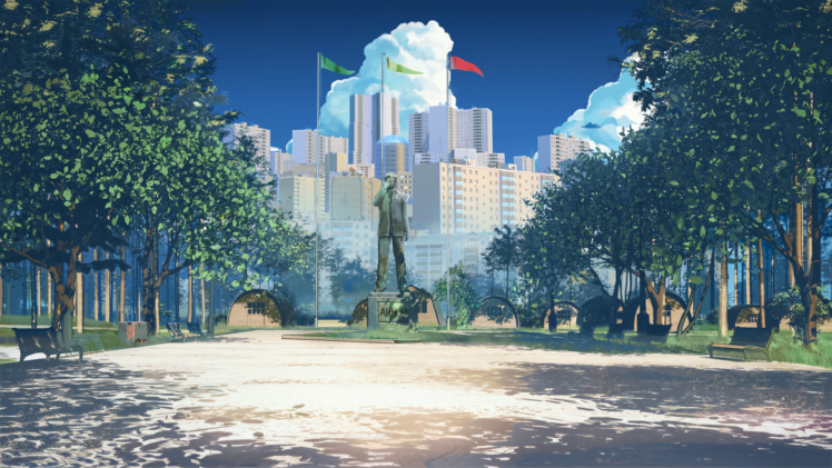 cityscape, Clouds, Flag, Bench, Statue, ArseniXC, Everlasting Summer HD Wallpaper Desktop Background