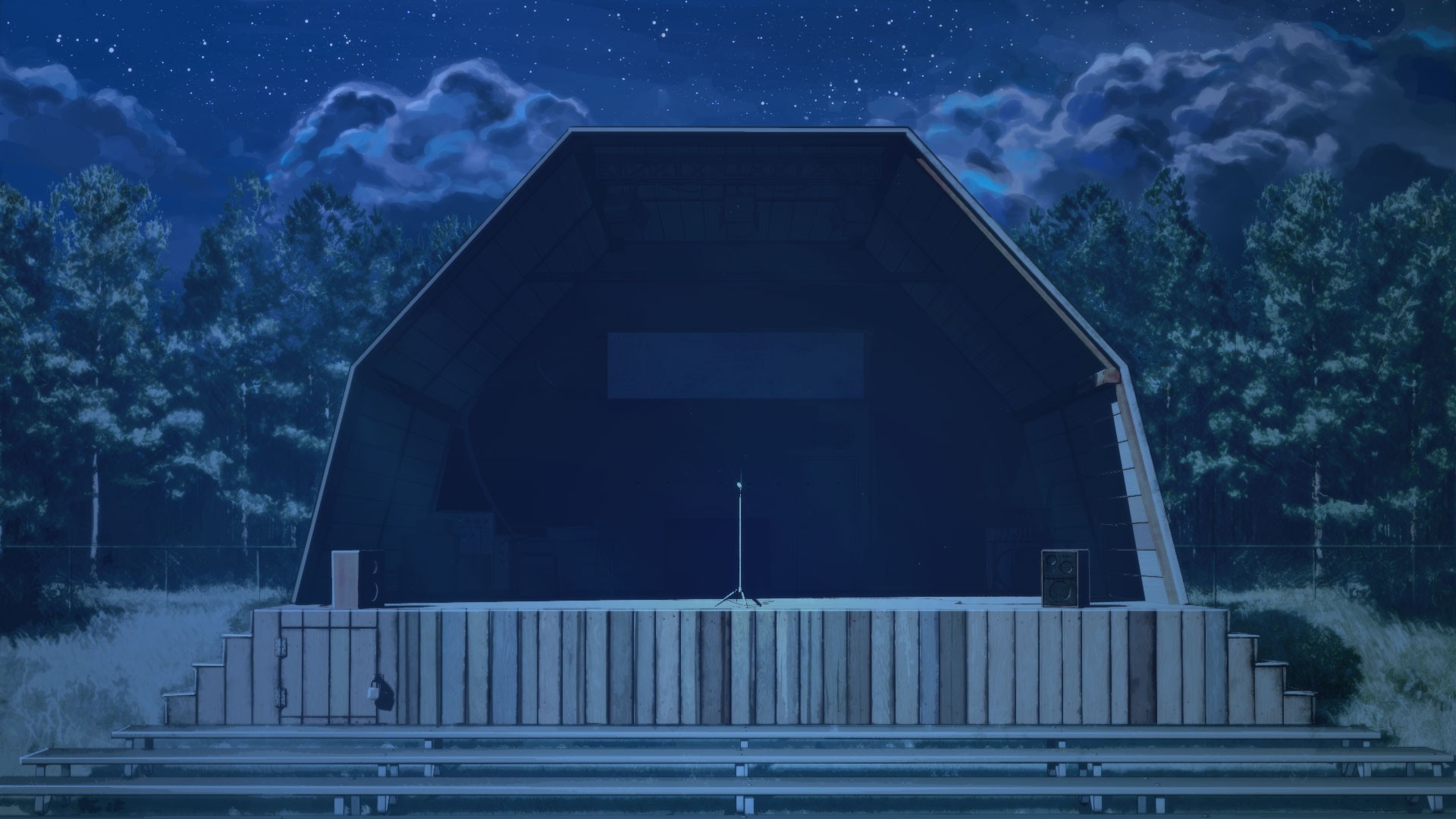 starry night, Stages, Bench, Clouds Wallpaper