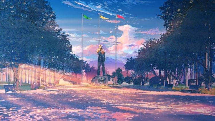 clouds, Statue, Flag, Bench, Everlasting Summer HD Wallpaper Desktop Background