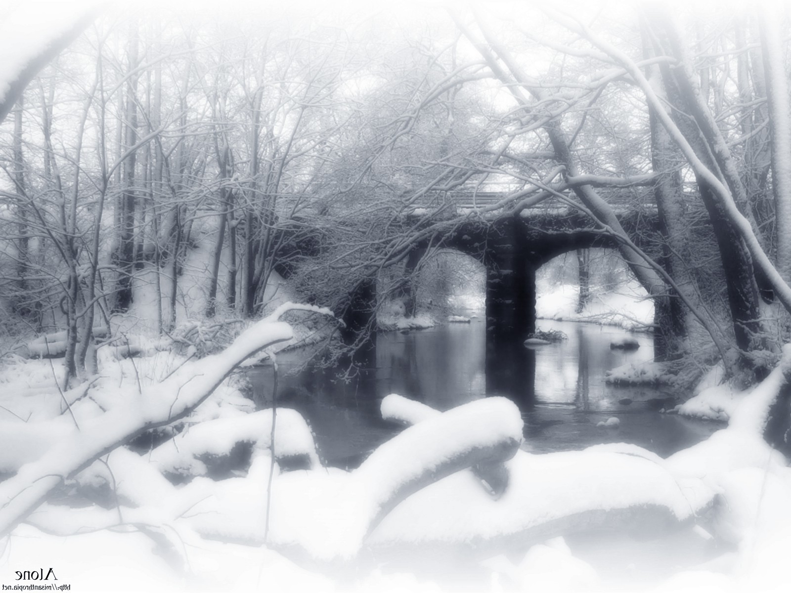winter, Snow, Trees, Ice, Bridge, Vintage Wallpaper