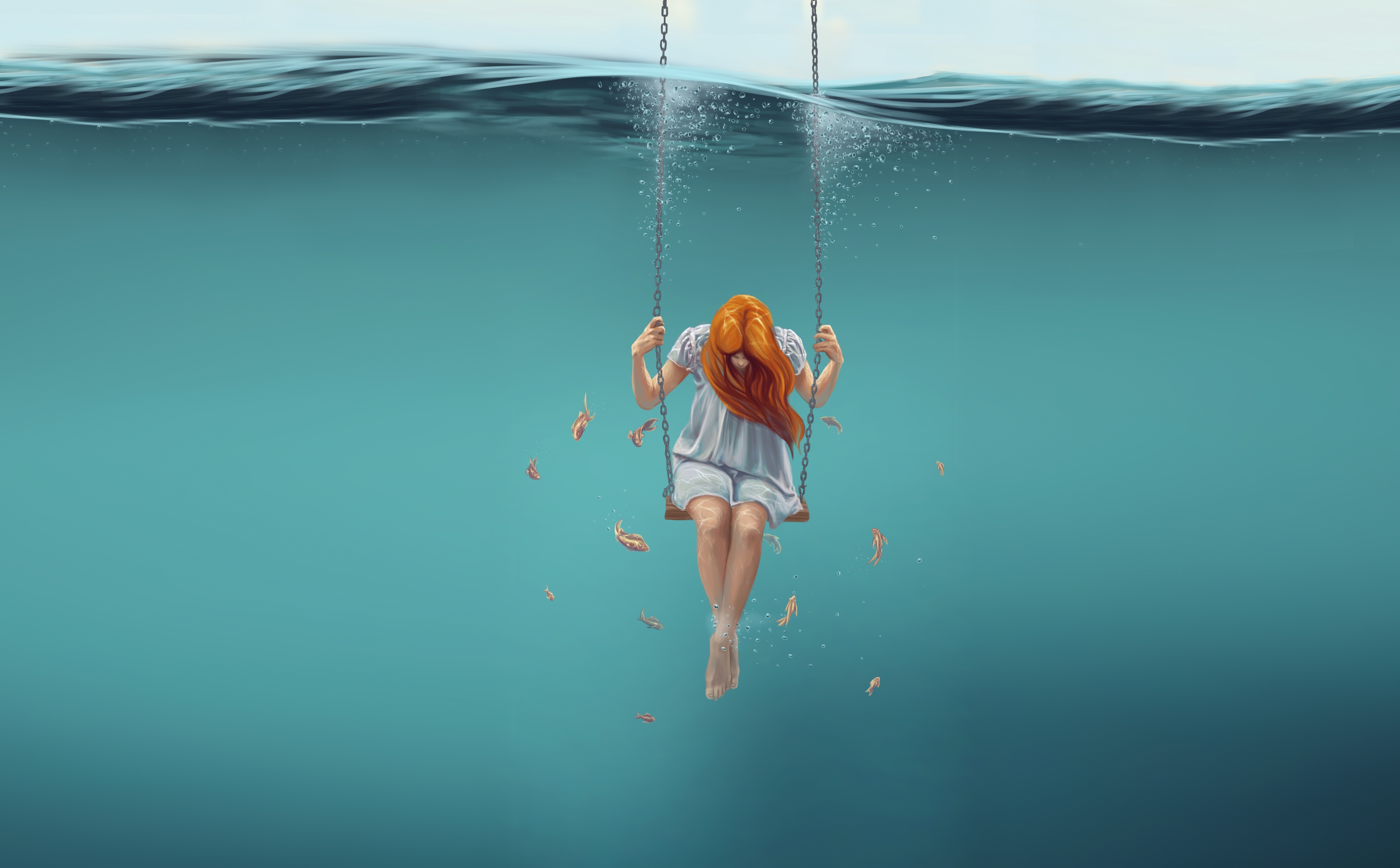 artwork, Swings, Sea, Fish, Looking down, Orange hair Wallpaper