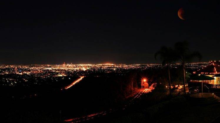 Los Angeles, City, Moon, Night view, Landscape HD Wallpaper Desktop Background