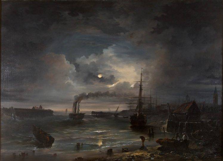 painting, Boat, Sea, Smoke, Clouds, Classic art, Moon HD Wallpaper Desktop Background