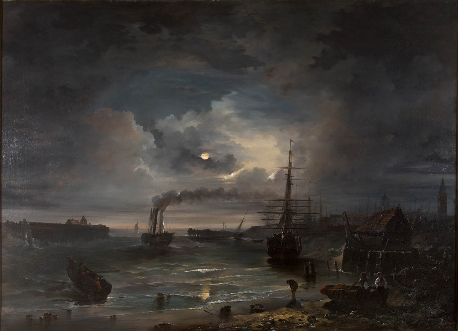 painting, Boat, Sea, Smoke, Clouds, Classic art, Moon Wallpaper