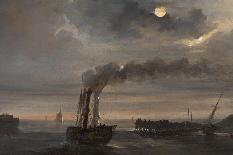 artwork, Painting, Moon, Boat, Sea, Smoke, Classic art HD Wallpaper Desktop Background