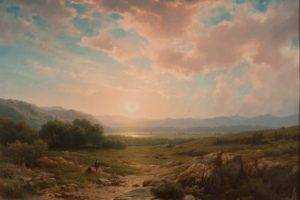 pastoral, Painting, Sun, Mountain, Clouds, Rock, Classic art