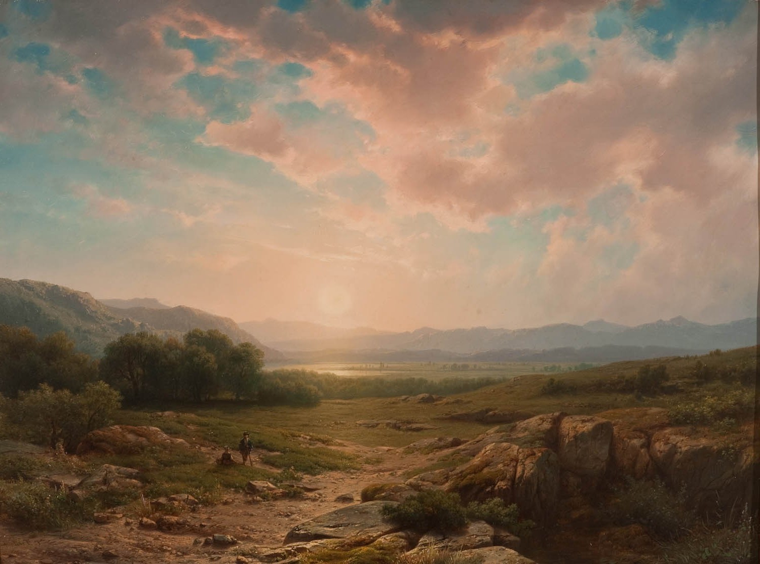 pastoral, Painting, Sun, Mountain, Clouds, Rock, Classic art Wallpaper