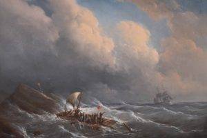 painting, Sea, Classic art, Waves, Clouds, Ship, Rafting