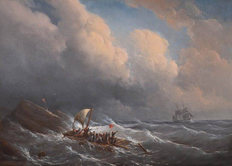 painting, Sea, Classic art, Waves, Clouds, Ship, Rafting HD Wallpaper Desktop Background