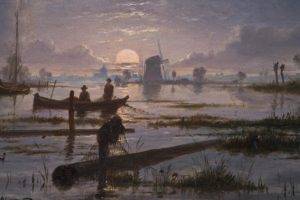 painting, Boat, Windmills, Fishing, Clouds, Classic art